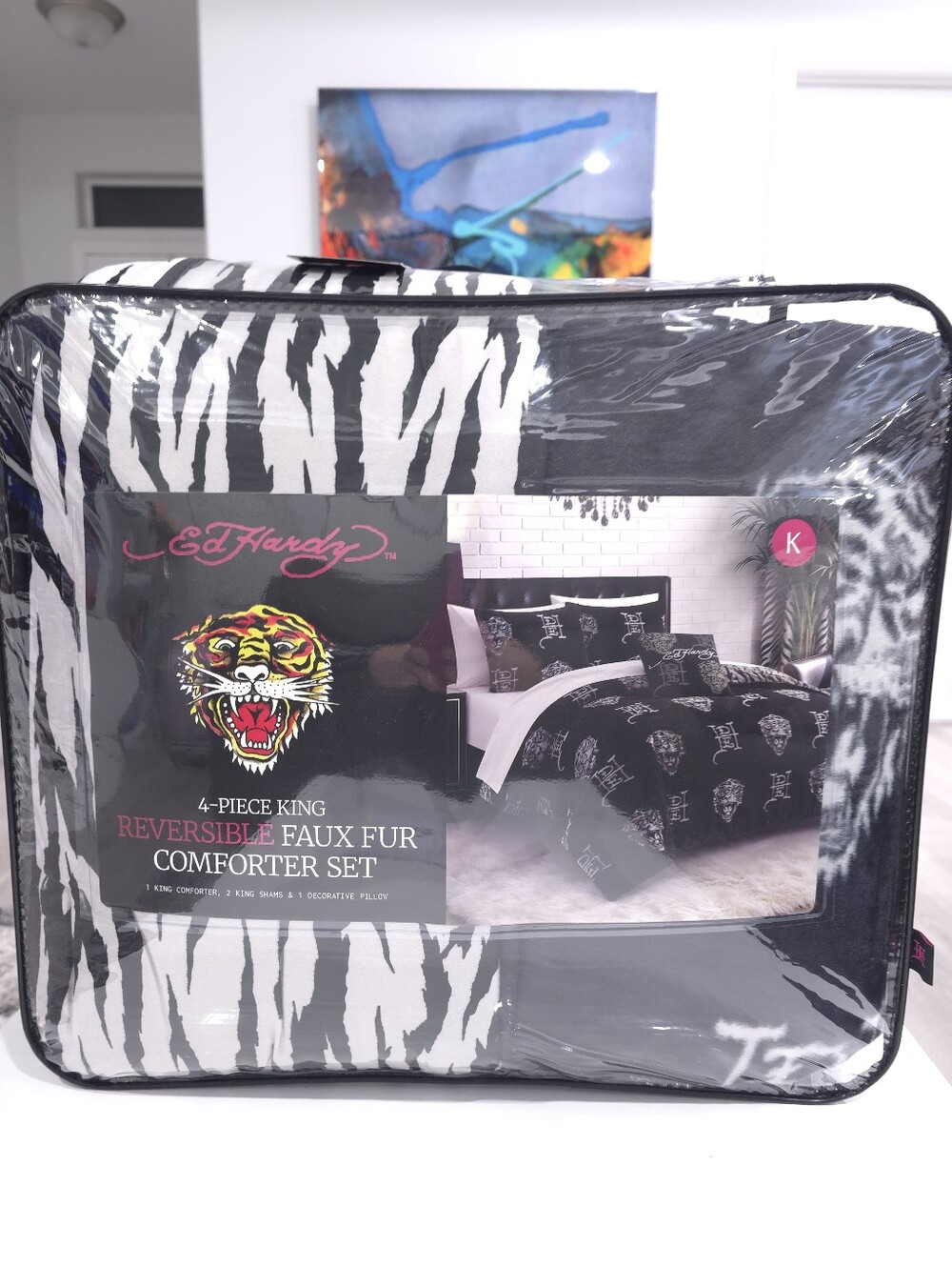 Ed Hardy KING 4-Piece Zebra Tiger Reversible Faux Fur Comforter Set New Viral